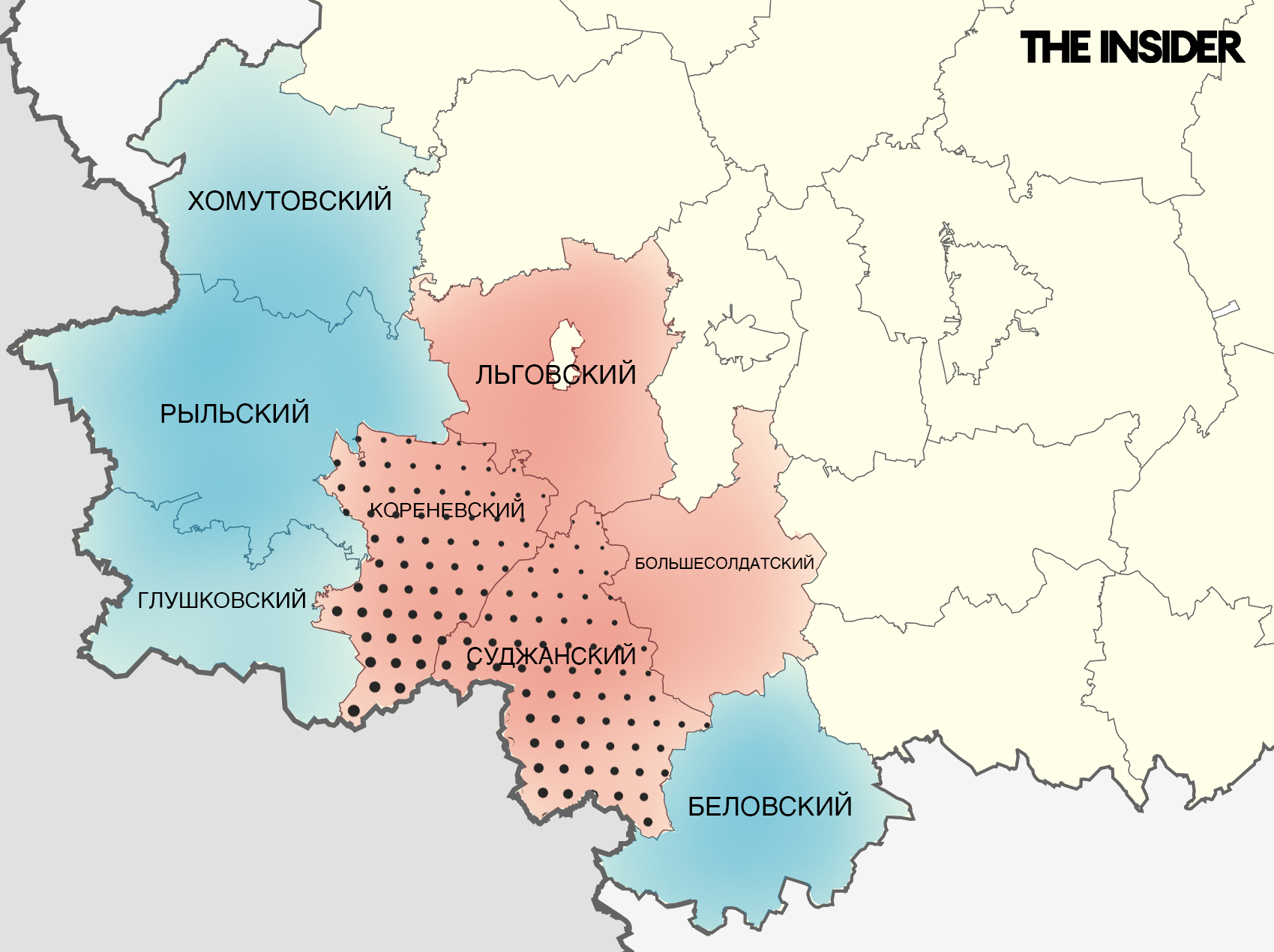 Синий — приграничные районы, красный — районы, где идут бои. Заштриховано пересечение