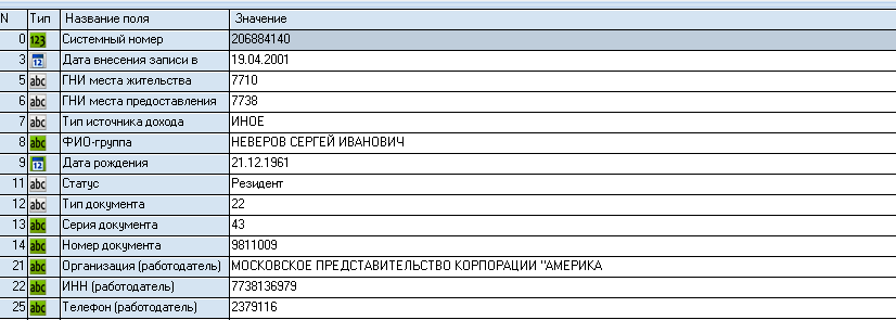 Скриншот из налоговой базы